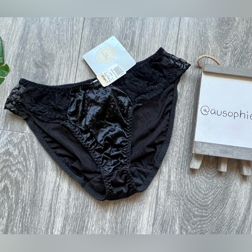 Christian Dior Intimates Elegant Sheer Black Lace & Satin Filigree Panties L NWT